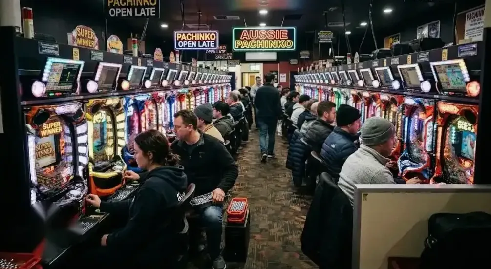 Row of pachinko machines on the main floor